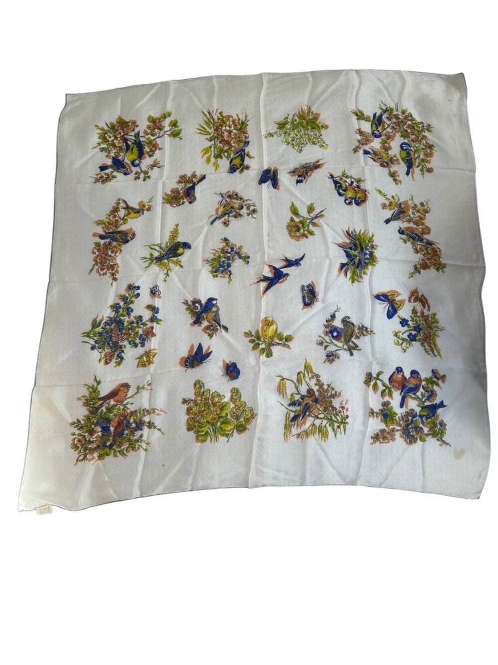 Rico 100% Silk vintage love bluebirds Spring hand rolled sewn scarf JAPAN 32 sq